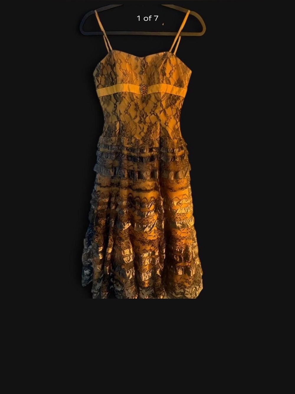 Vintage Bicici Black Lace & Gold Tiered Ruffle Dress Y2K Coquette Gothic Fairy